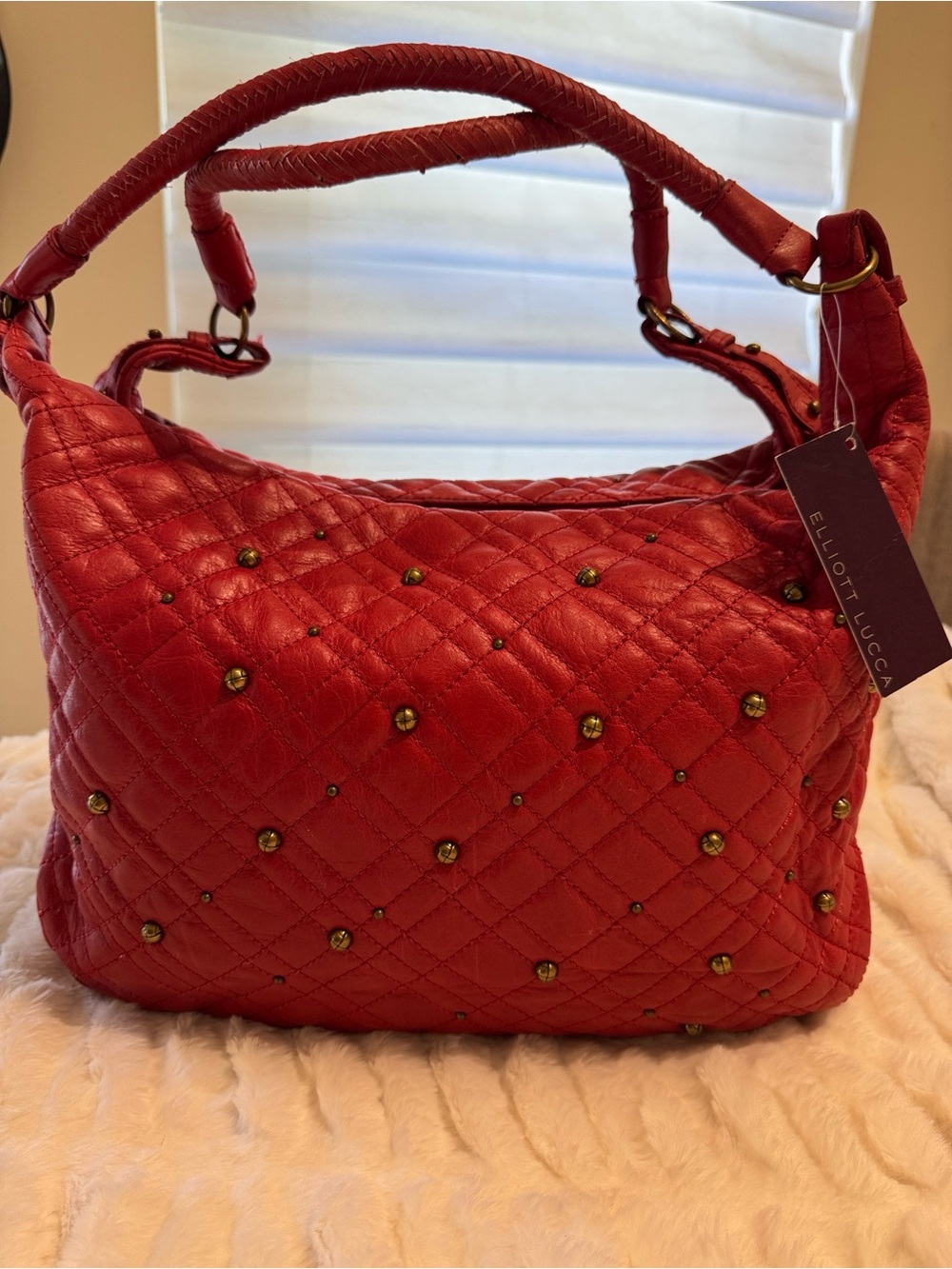 Quilted Red Studded Shoulder Bag - Picture 2 of 16